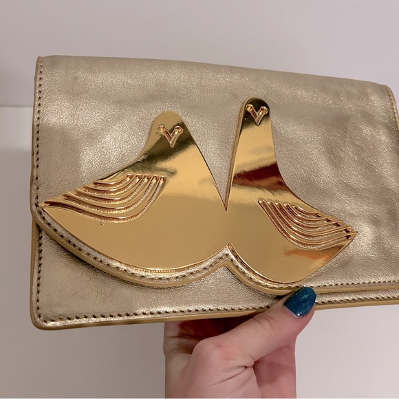 Jonathan Adler Gold Leather Clutch Wristlet with Metal Birds - Picture 6 of 14